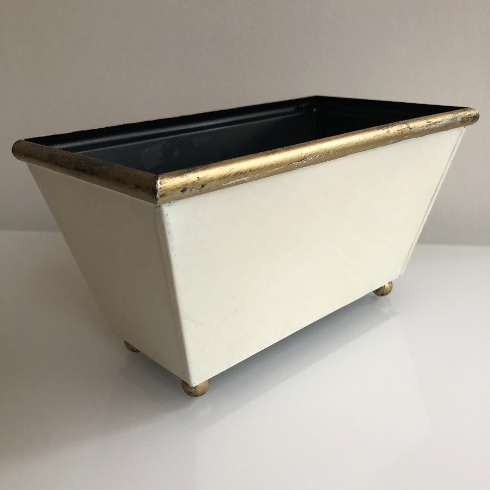 Hand-painted Ivory Tole Metal Bin-Gold Rubbed Edge